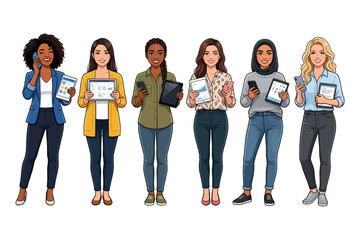 Fototapeta premium Diverse group of women holding electronic devices and tablets.