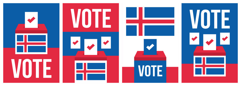 Iceland Elections and Voting Poster Template Collection, Patriotic Red, White, and Blue Promotional Graphics Featuring Ballot Boxes, Checkmarks, and Icelandic Flags
