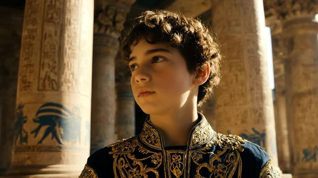 Young Moses in an ancient Egyptian temple. Boy in royal attire standing among stone pillars with hieroglyphics. Biblical history concept