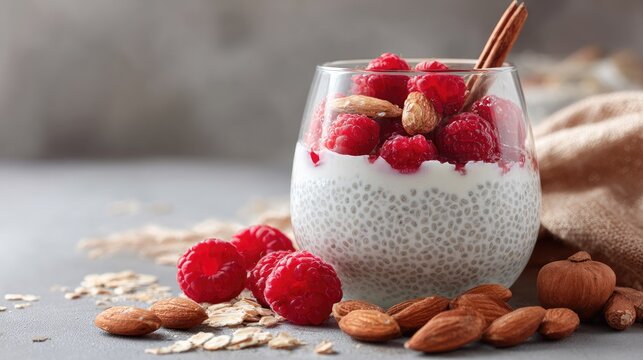 Healthy chia seed parfait with fresh raspberries and almonds in a glass
