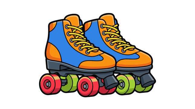 A vibrant pair of blue and orange roller skates with colorful wheels