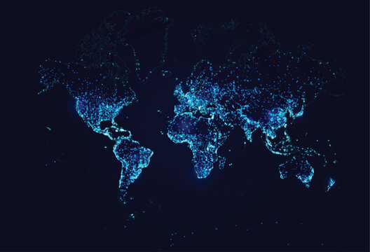 dark blue world map background featuring glowing cyan city lights and a digital data network, ideal for technology, communication, and global connectivity. Vector illustration