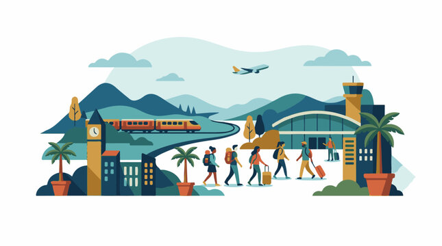 A vibrant travel scene with people walking towards an airport terminal with mountains and a train in the background