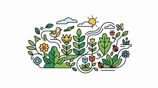 A whimsical garden scene with a winding path, flowers, leaves, ladybugs, a bird, sun and clouds