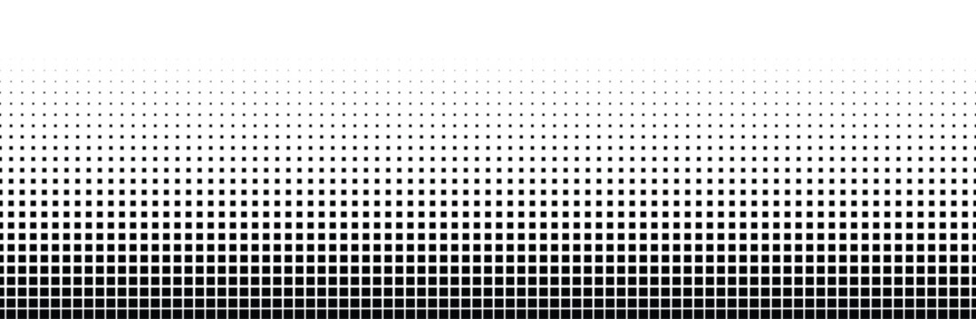 Retro 8-bit square gradient background. Monochrome pixel halftone texture. Abstract geometric block pattern. Black and white square screentone backdrop for digital UI footer layouts and retro game