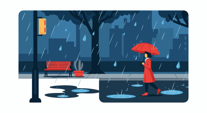 A woman in a red coat walks under a red umbrella on a rainy city street