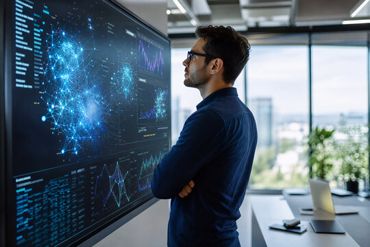 Software engineer analyzing complex artificial intelligence data visualization on large monitor