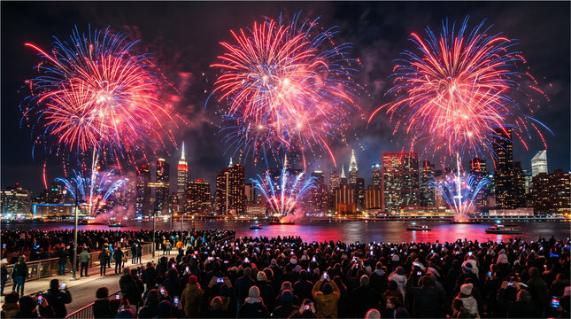 Vibrant red and blue fireworks explode over the illuminated new york city skyline with a large crowd watching at night