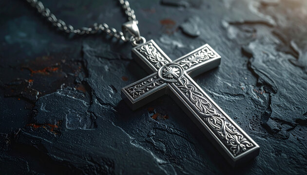 Ornate silver cross pendant on chain against a textured background