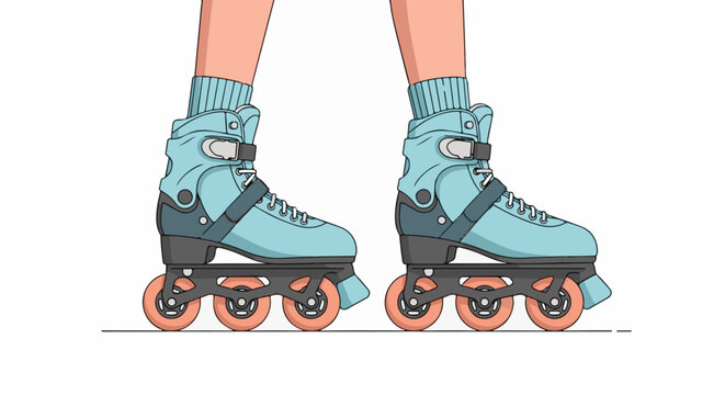 A pair of legs wearing turquoise rollerblades with orange wheels on a white background
