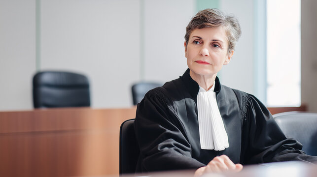 Judicial Serenity: A dignified judge, robed in black with a white jabot, sits pensively in a courtroom, embodying wisdom and impartiality.