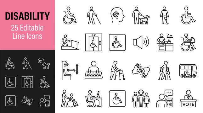 Set of twenty five disability line icons representing various accessible services and inclusive lifestyle support features