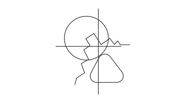 Minimalist geometric illustration of a broken circle and a rounded triangle with intersecting lines.