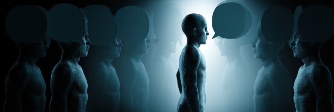 A human figure stands in a space filled with numerous identical speech bubbles reflecting back, showing an echo chamber in communication.