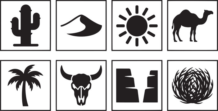 Black desert landscape icon set including cactus sand dunes sun camel palm tree skull canyon and tumbleweed vector symbols for web design.