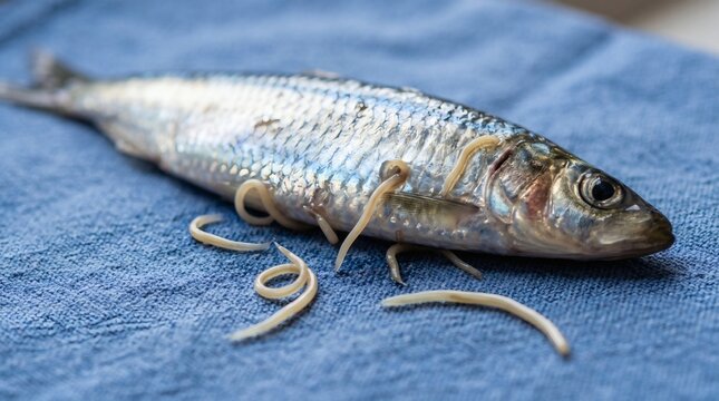 Freshly Caught Fish Infested with Parasitic Worms on Blue Cloth.