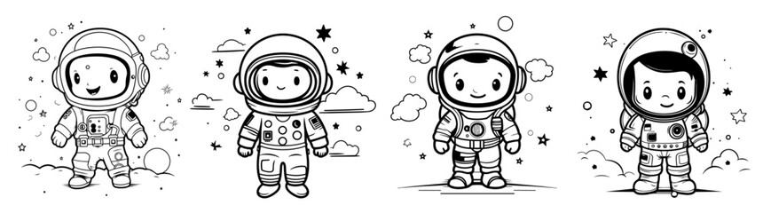 Fototapeta premium Astronaut Coloring Pages Set for Kids - Cute Space Explorer Line Art