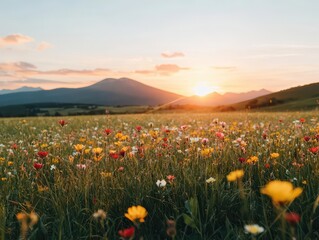 Obraz premium Warm sunlight and breezy wildflower hills rolling toward distant mountains