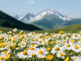 Fototapeta premium Breezy mountain slope covered in summer wildflowers, sky clear and blue