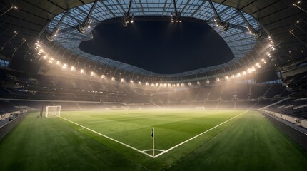 Fototapeta premium Modern soccer stadium illuminated by bright floodlights at night for match broadcast graphic design