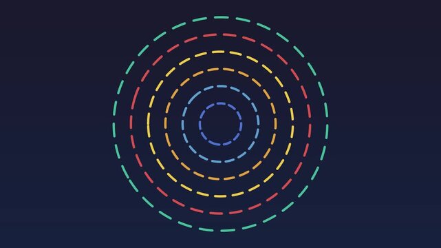 Animated concentric dashed circles motion colorful abstract loading on dark background, motion abstract