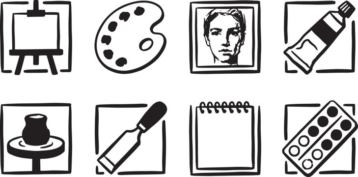 Set of Black and White Art Studio Icons Featuring Painting Tools and Creative Equipment isolated on white background.