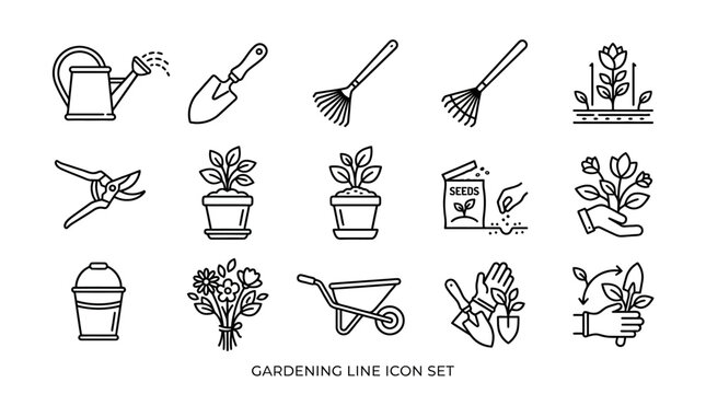 Gardening tools and plants icons set.
