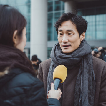 Man Giving Media Interview, Journalism and Communication Concept