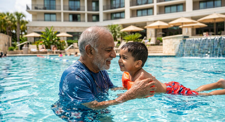 Fototapeta premium Senior Grandfather Teaching Grandson How to Float in Pool