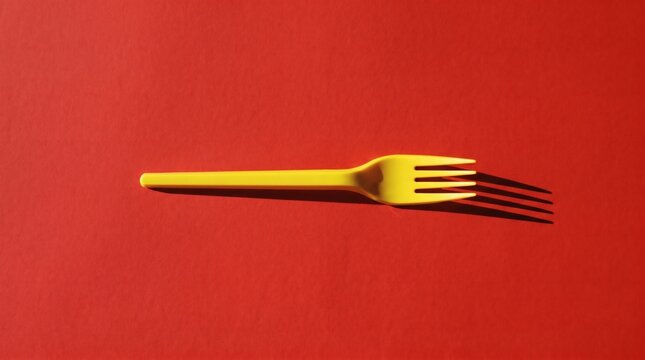 Single Yellow Plastic Fork Casting a Shadow on a Red Background.