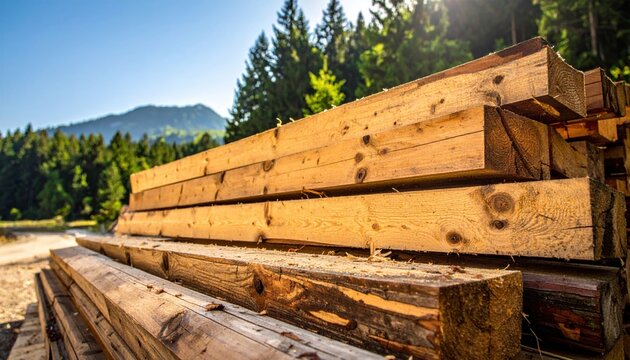 Rough hewn wooden planks and logs of diverse lengths and widths piled haphazardly outdoors near a forest and mountains