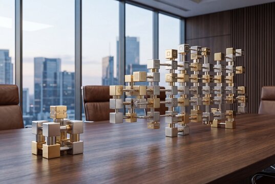 Abstract Metallic Grid Structure Constructed with Interlocking Silver and Gold Cube Blocks