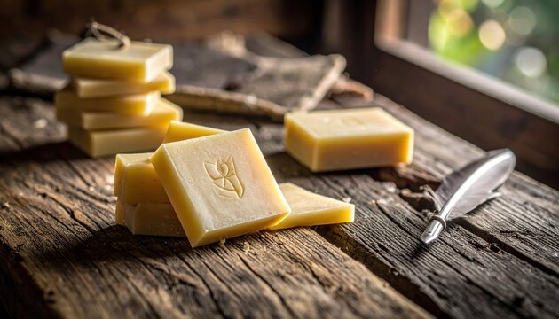 Stack of artisanal handmade natural soap bars with subtle emblem on rustic wooden surface, bathed in soft window light