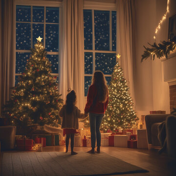 Parent and child looking at a Christmas tree in a cozy living room at night rear view