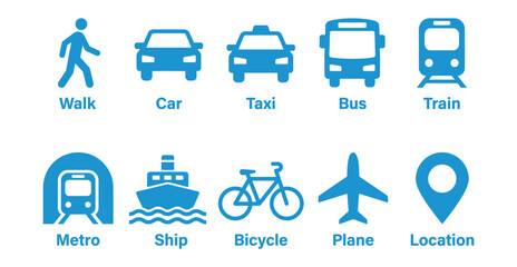 Set of blue transportation and navigation icons including walk car taxi bus train metro ship bicycle airplane and map location marker with transportation navigation location collection movement © Iconwale