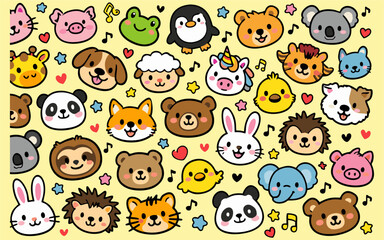 Fototapeta premium Cute kawaii style pattern illustrations featuring various colorful cartoon animal faces.
