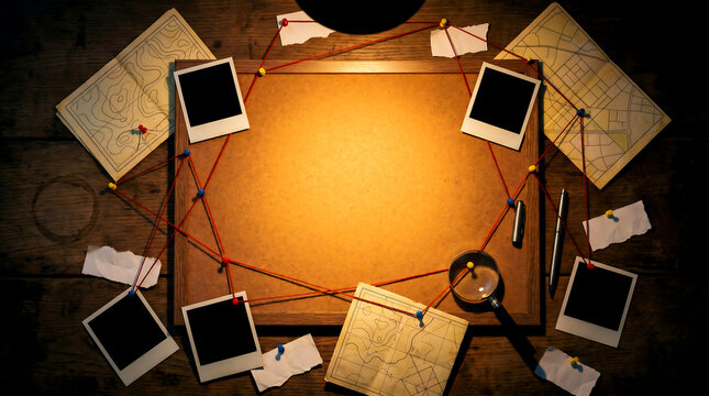 Crime scene investigation with evidence board and polaroid photos on wooden table