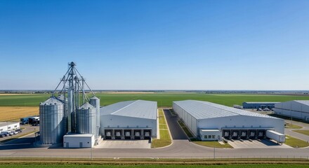 Fototapeta premium Modern agricultural storage facility and large industrial warehouses under a clear blue sky
