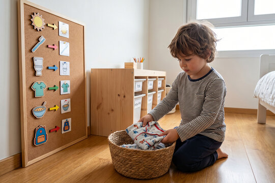 Child Sorting Laundry Using Visual Household Task Board
