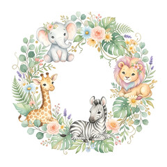 Obraz premium Cute baby zoo animals wreath with elephant giraffe lion and zebra in a floral garden frame