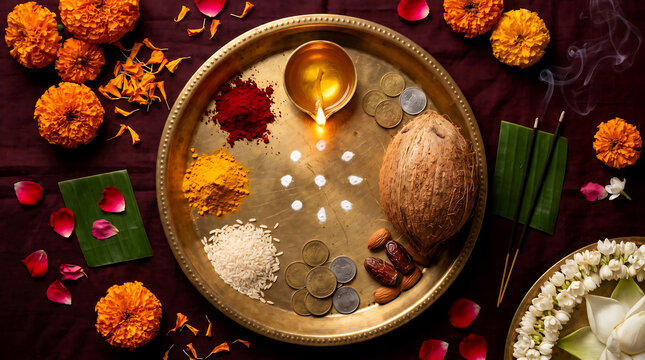 Pooja tray with diya lamp, flowers, and traditional indian puja items on maroon background