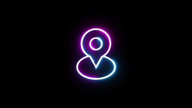 Neon location map pin icon glowing with blue and pink light in seamless loop animation.