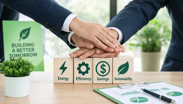 Business people joining hands over wooden blocks with ecofriendly concepts
