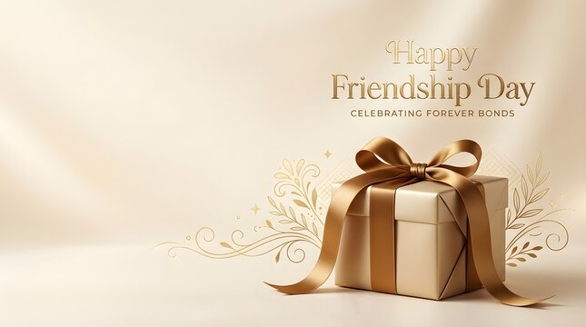 Gold gift box with silk ribbon on neutral beige background for happy friendship day celebrations.