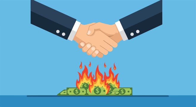 Handshake over burning money. Business illustration. Flat vector art. Clean minimalist. Finance concept.