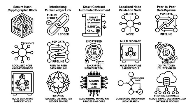 Blockchain technology and cryptocurrency line icon set featuring smart contracts and digital security elements.