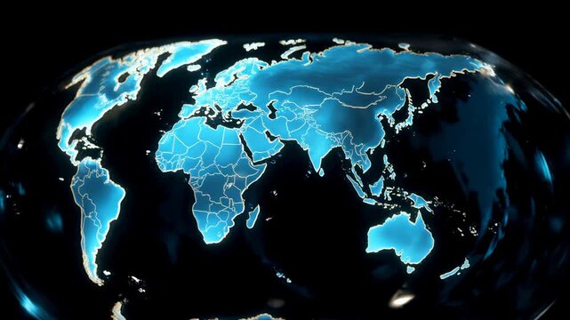 Digital world map with glowing blue borders inside a glass sphere. Global connectivity and technology concept. Motion graphics of earth map on dark background