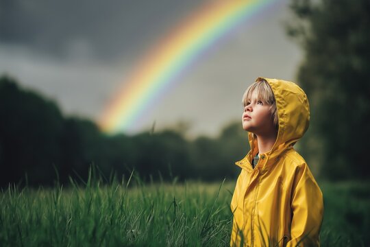 Young child in yellow raincoat looking up at rainbow in rainy weather. Discovery and childhood wonder concept