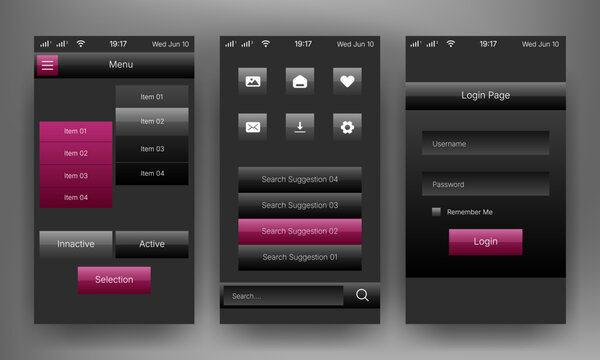 Mobile application user interface kit with login page and navigation menu