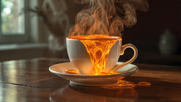Surreal Magical Scene, White Cup Full of Glowing Lava, Molten Fire Overflowing, Fantasy Hot Drink, Mystical Energy, AI Art